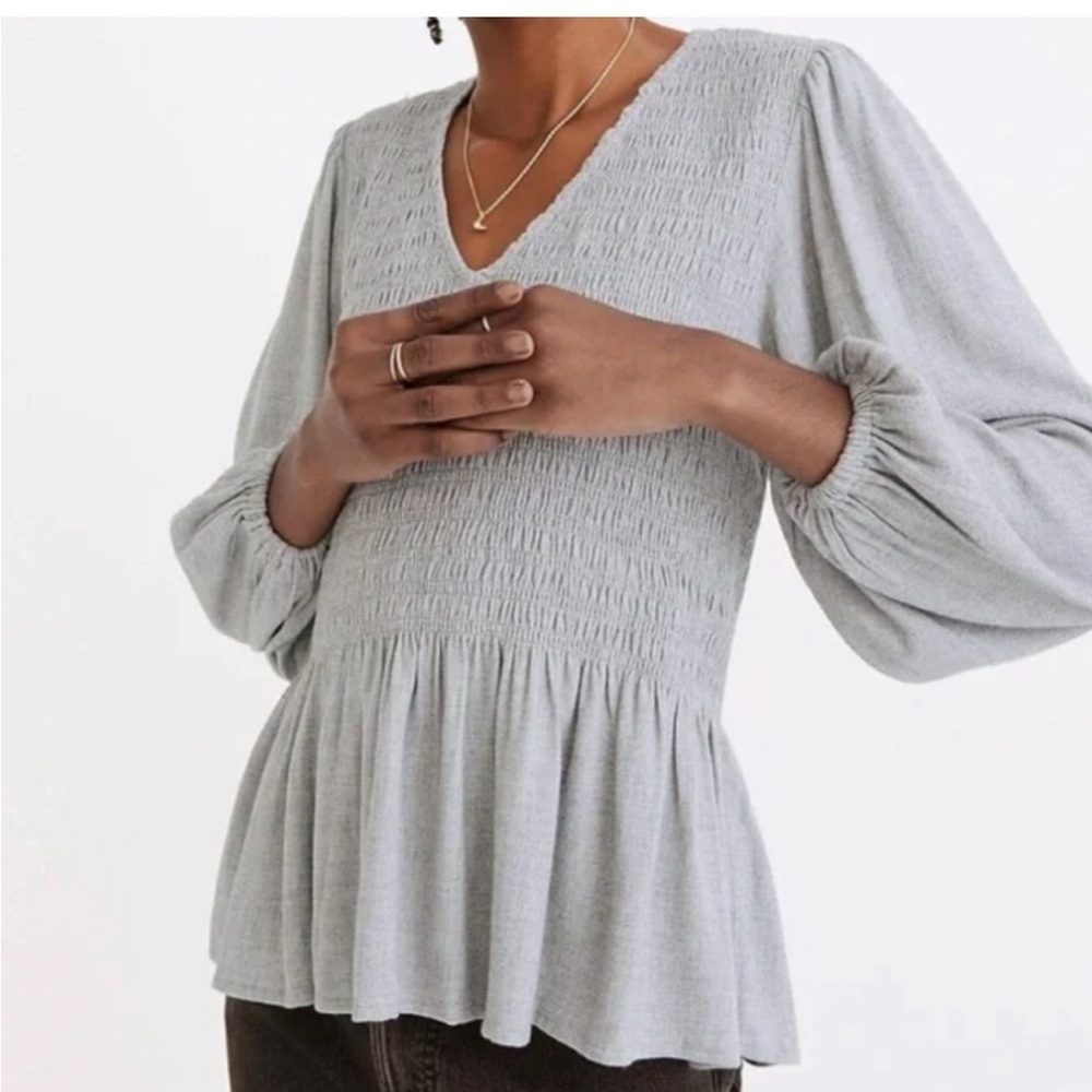 Madewell Lucie Gray V-Neck Smocked Peplum Top in viscose Gauze Medium (g8)